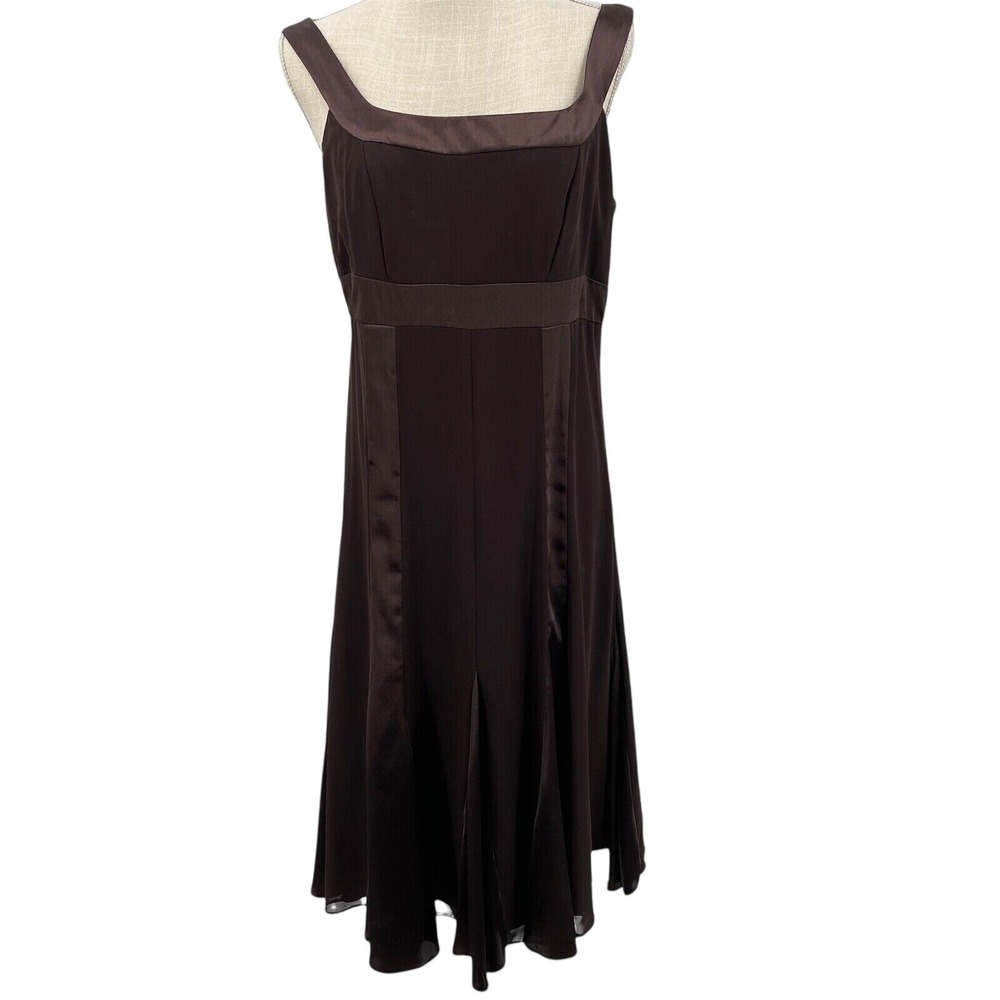 Davids Bridal Brown Satin Trim Godet Cocktail Dress Square Neck Midi Size 10